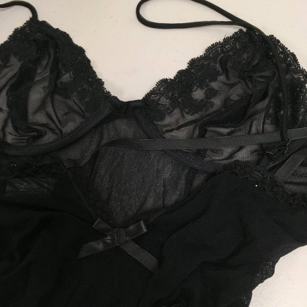 Escante lace bodysuit mesh 1 piece vintage Nwot L sheer teddi